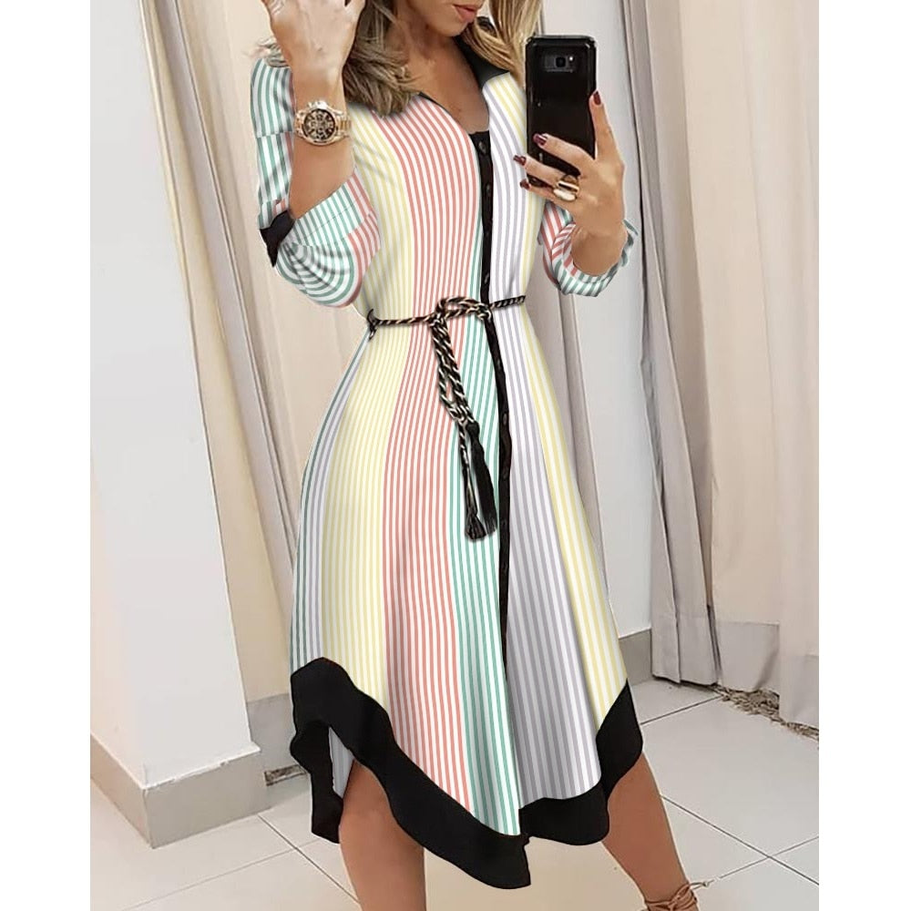 Geometric Pattern Belted Midi Dress