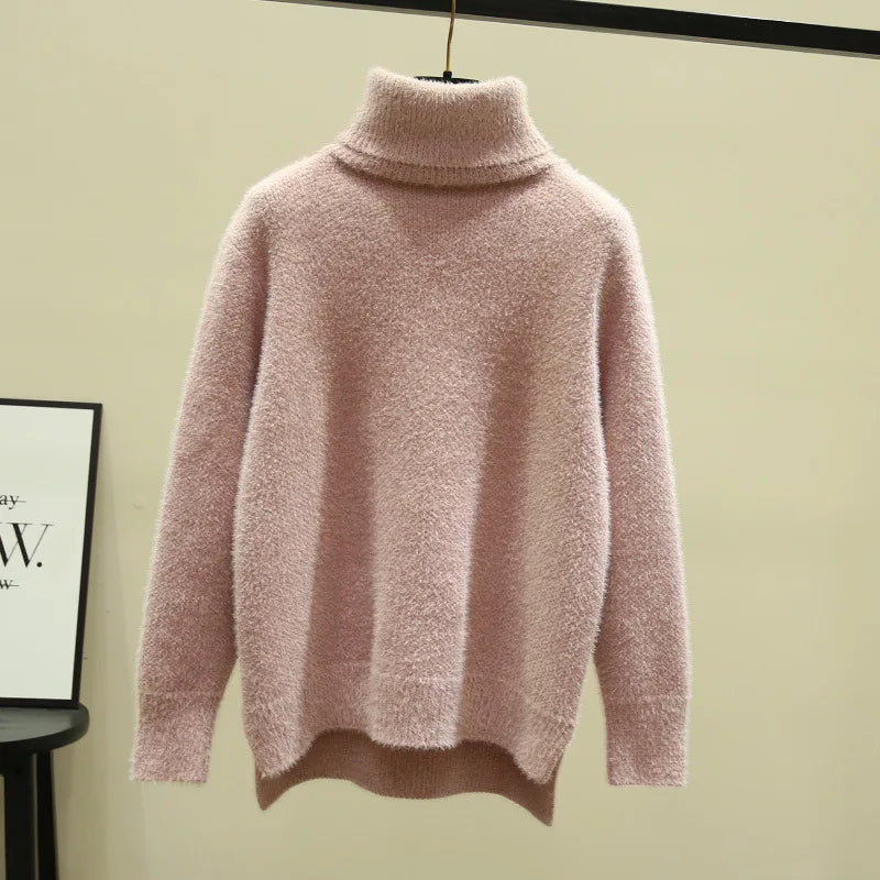 Women's high collar loose thickened imitation mink fleece sweater