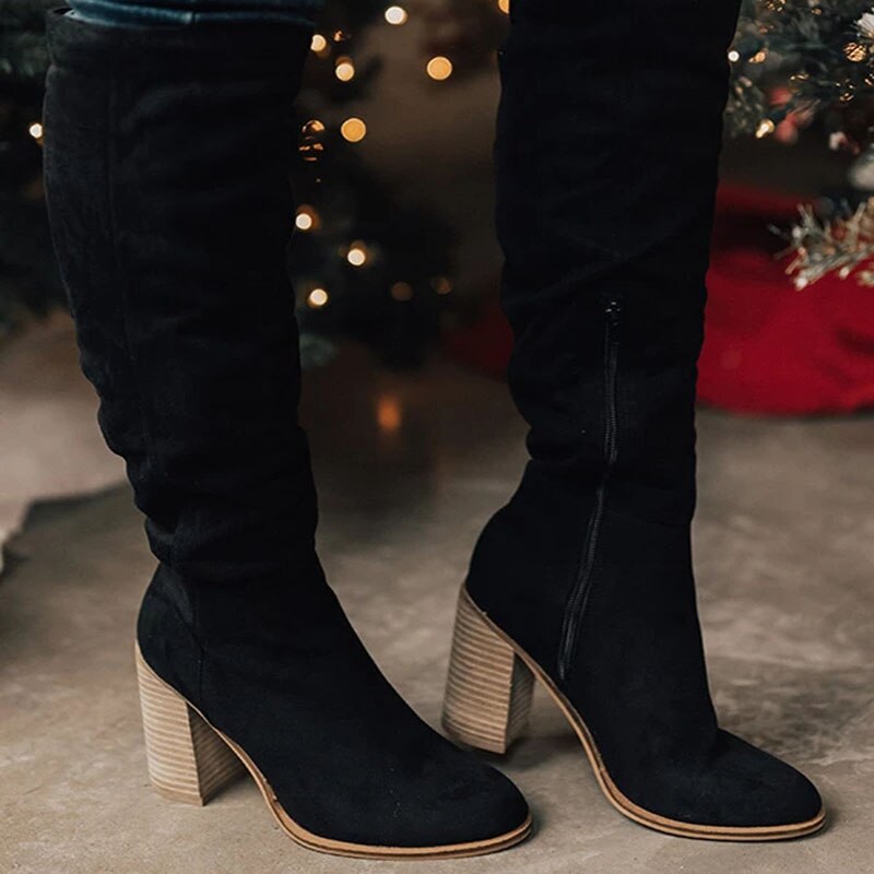 Women’s Knee-High Boots - Slouchy Shaft - Block Heel - Rounded Toe Comfortable Fit