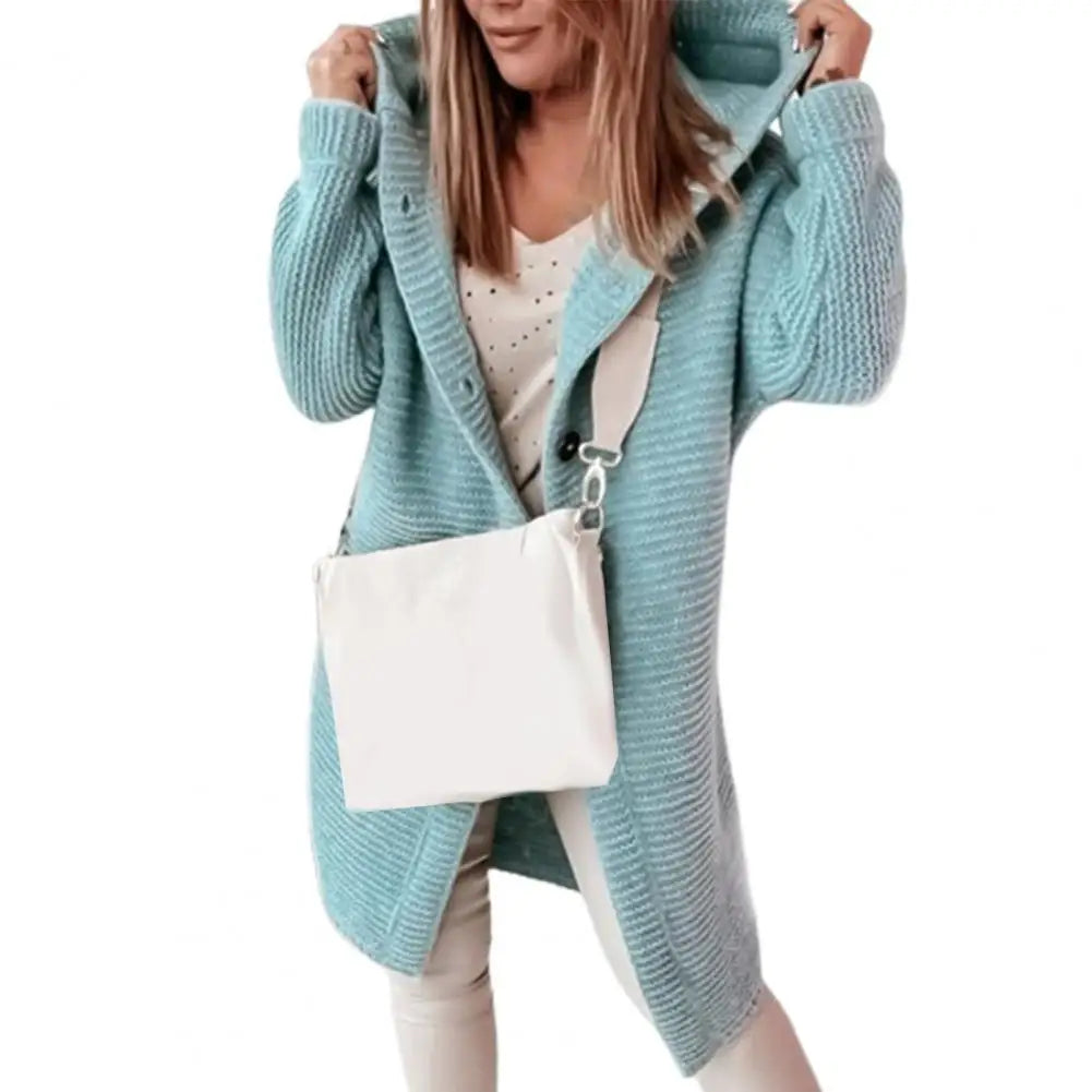Women's casual hooded knee length cardigan with buttons