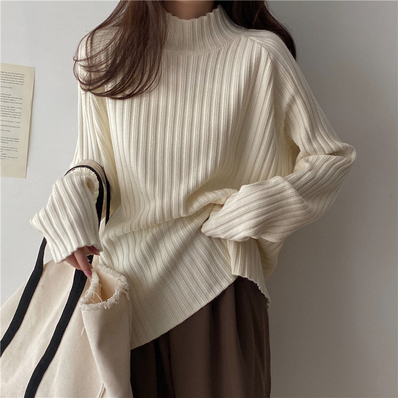 Women’s Knit Sweater - Ribbed Texture - Mock Turtleneck - Long Sleeve Relaxed Fit