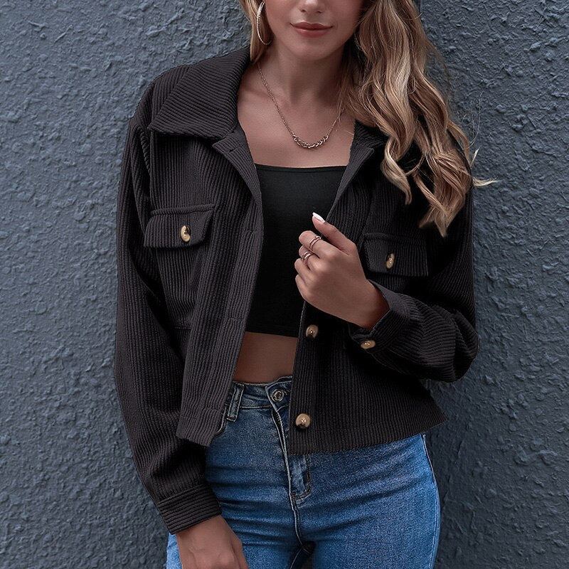 Women’s Cropped Jacket - Corduroy Ribbed Texture - Button Down - Turn-Down Collar