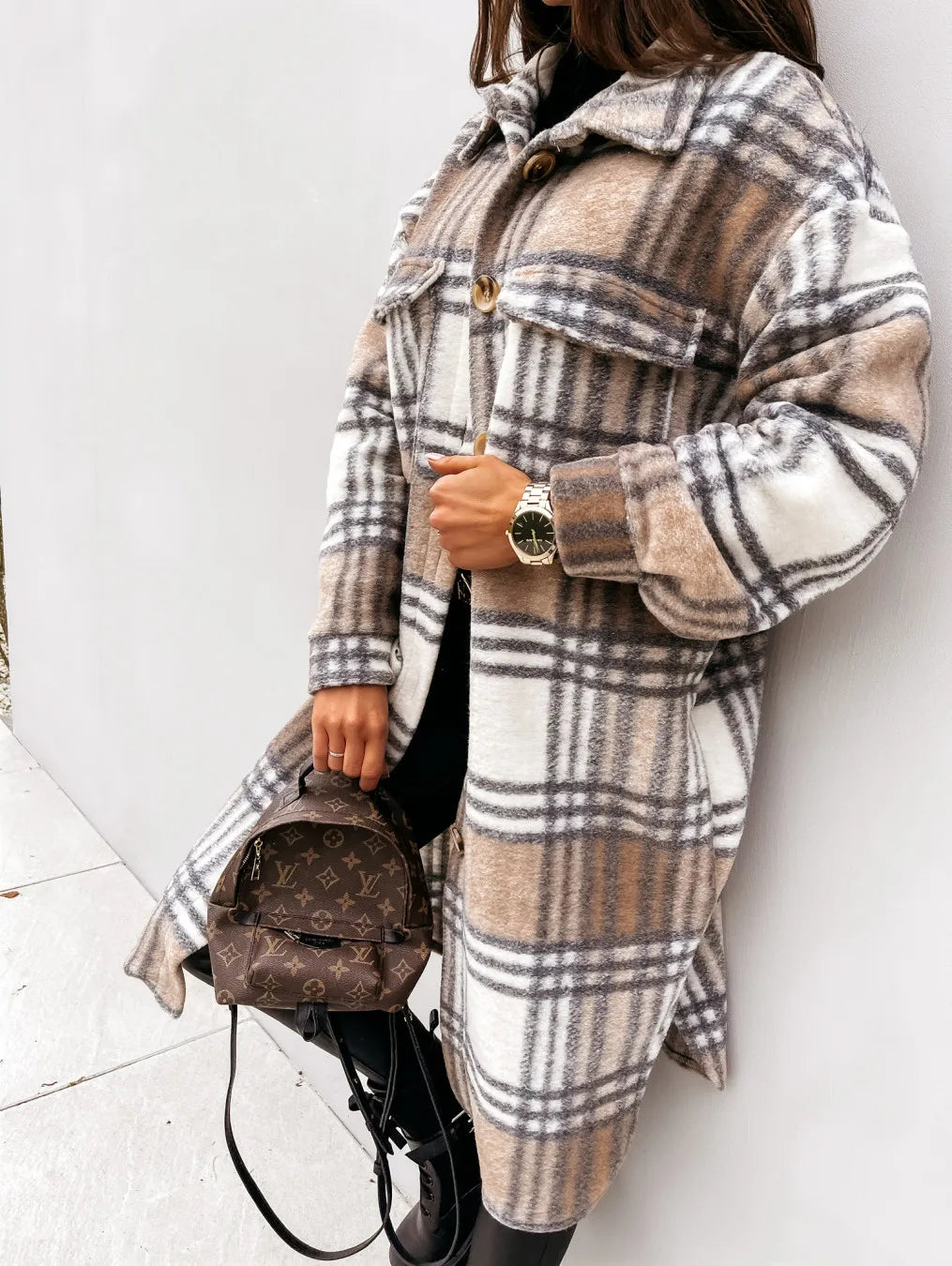 Women's plaid printed button down mid-length jacket