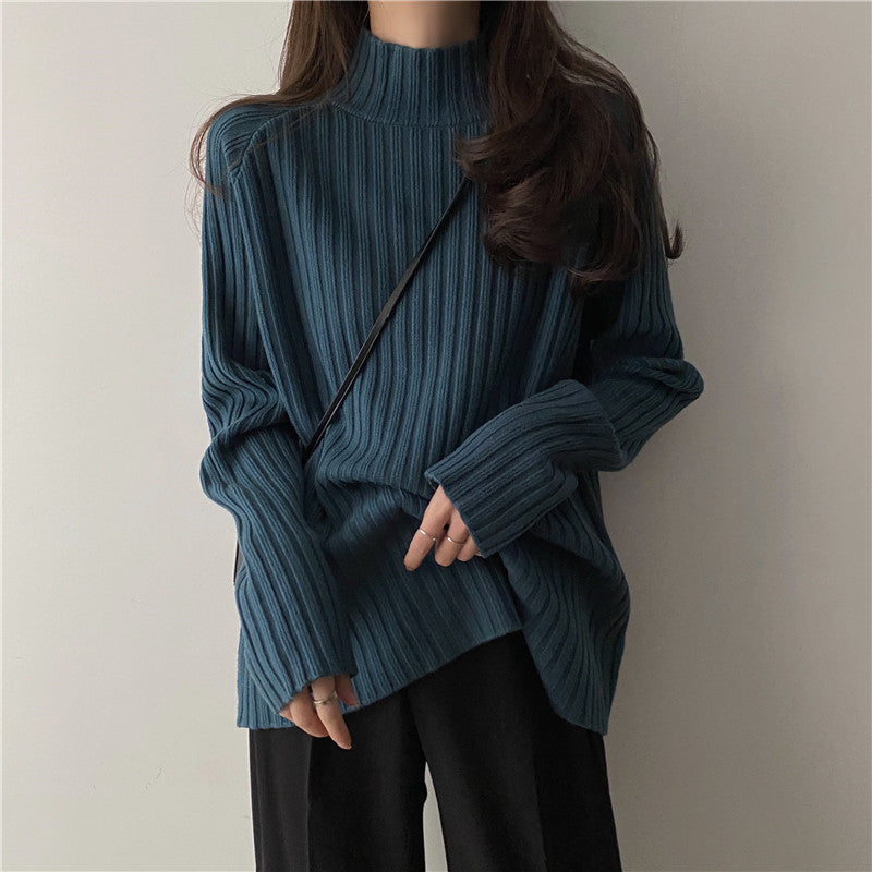 Women’s Knit Sweater - Ribbed Texture - Mock Turtleneck - Long Sleeve Relaxed Fit