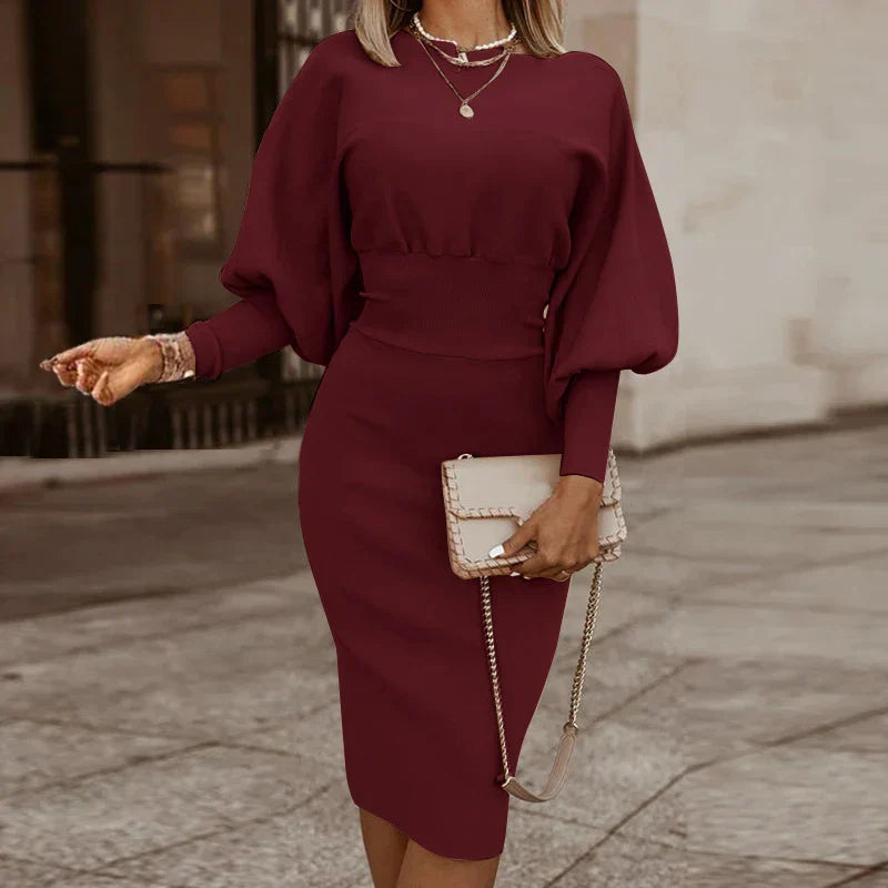 Women's Knit Dress - Form-Fitting Pencil Silhouette - Batwing Sleeve Elegant Style