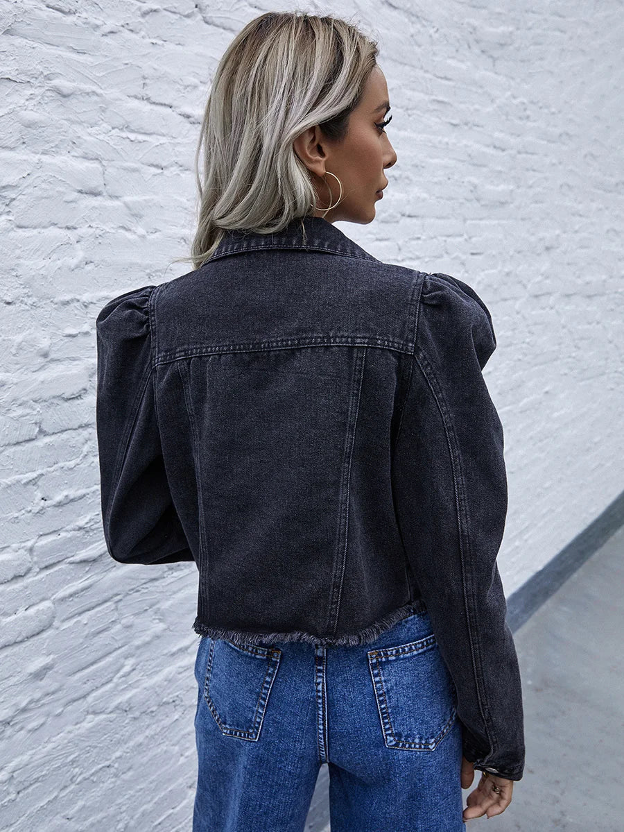 Women's Denim Jacket - Cropped Fit - Puffed Shoulders - Raw Hem Trendy Style