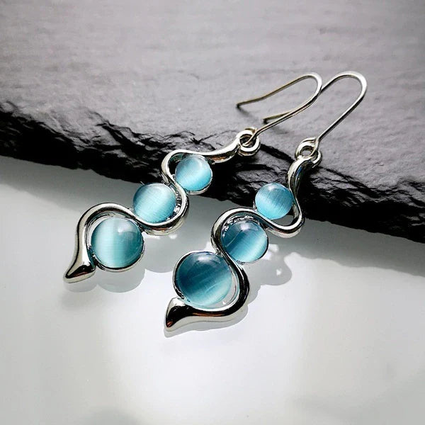 Women's Dangle Earrings - Wave Design - Glossy Gemstone Accents - Hook Fastening