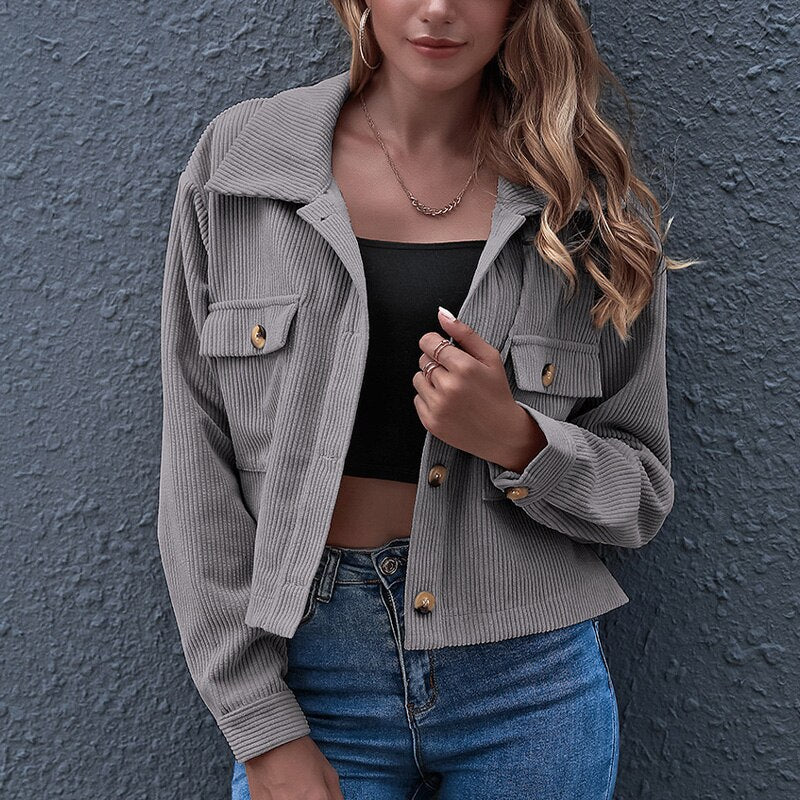 Women’s Cropped Jacket - Corduroy Ribbed Texture - Button Down - Turn-Down Collar