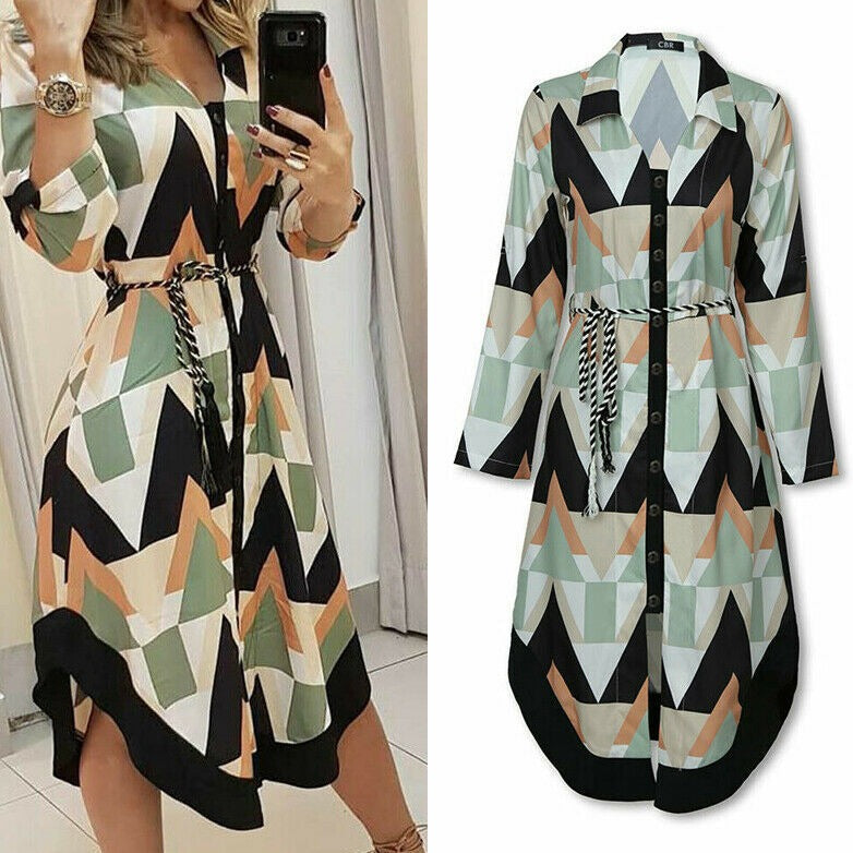 Geometric Pattern Belted Midi Dress