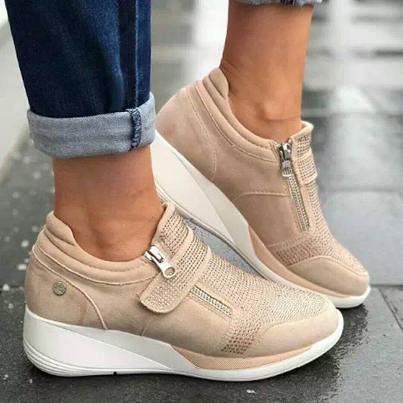 Women's Wedge Sneakers - Suede Upper - Side Zip & Velcro Strap - Casual Comfort