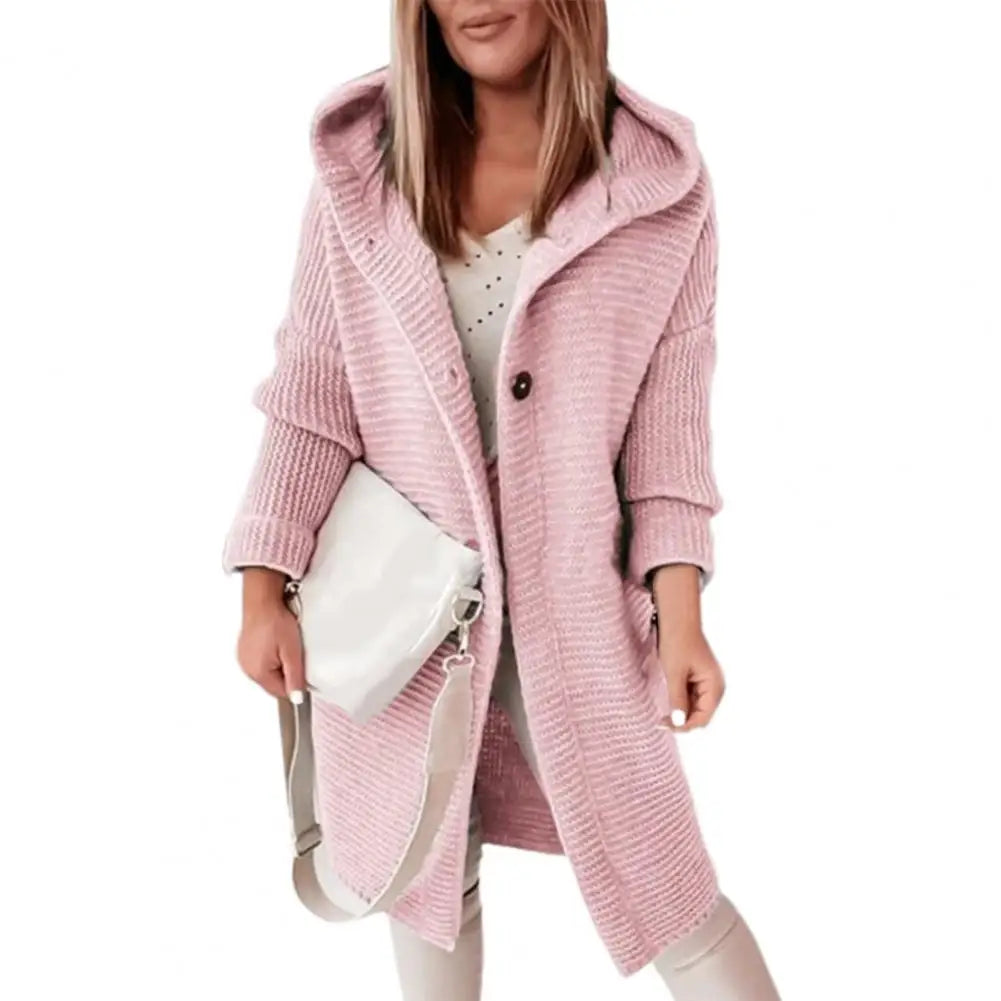 Women's casual hooded knee length cardigan with buttons