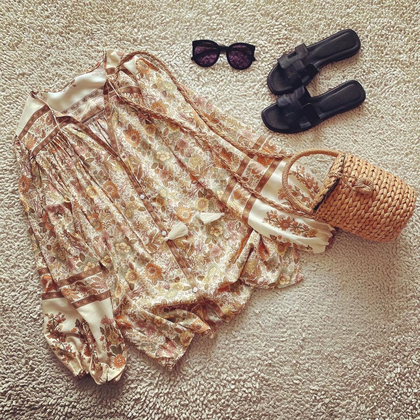 Women's Bohemian Blouse - Floral Print - Long Sleeve - Loose Fit - V-Neck Tassel Detail