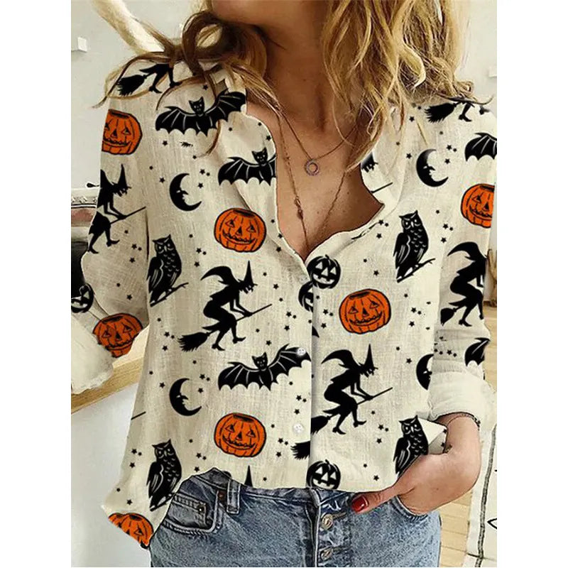 Women's Button-Up Blouse - Relaxed Fit - Classic Collar - Halloween Print Casual Wear