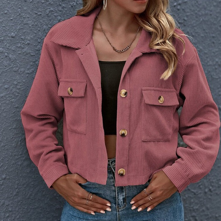 Women’s Cropped Jacket - Corduroy Ribbed Texture - Button Down - Turn-Down Collar