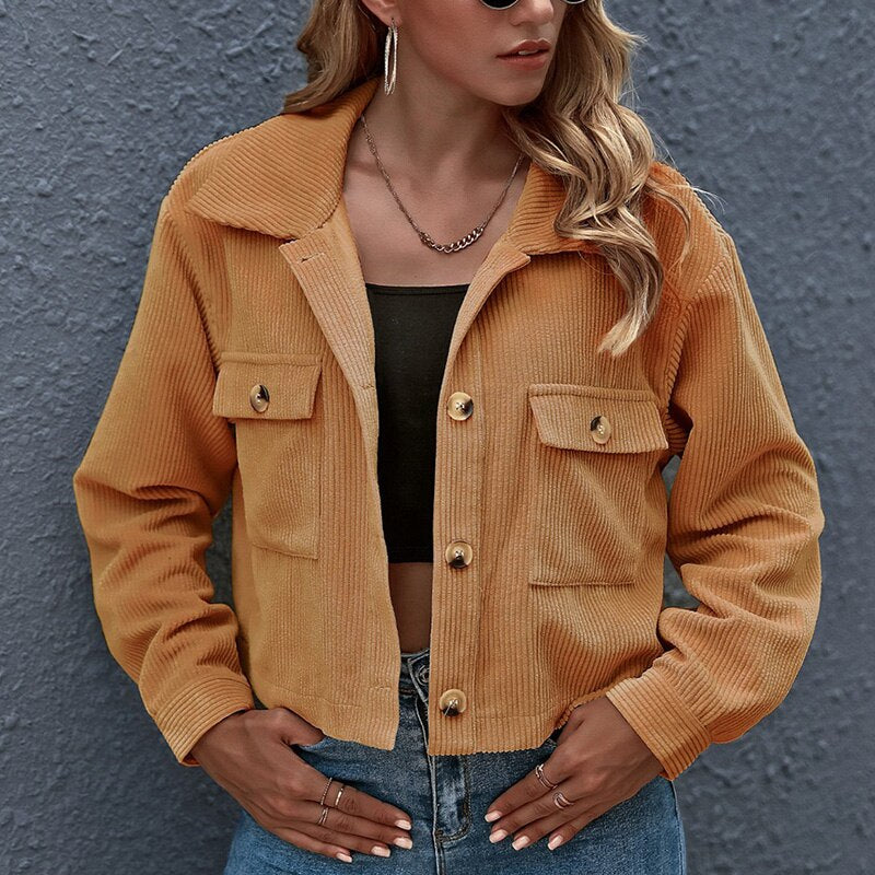 Women’s Cropped Jacket - Corduroy Ribbed Texture - Button Down - Turn-Down Collar