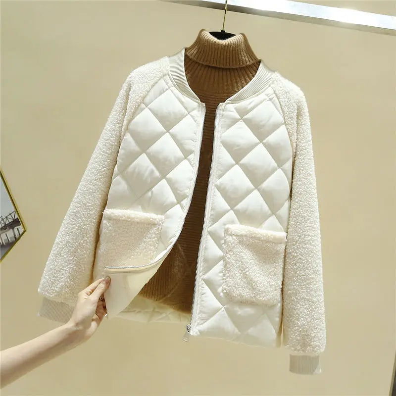 Women's Quilted Jacket - Soft Textured Sleeves - Ribbed Collar - Zip Front with Pockets