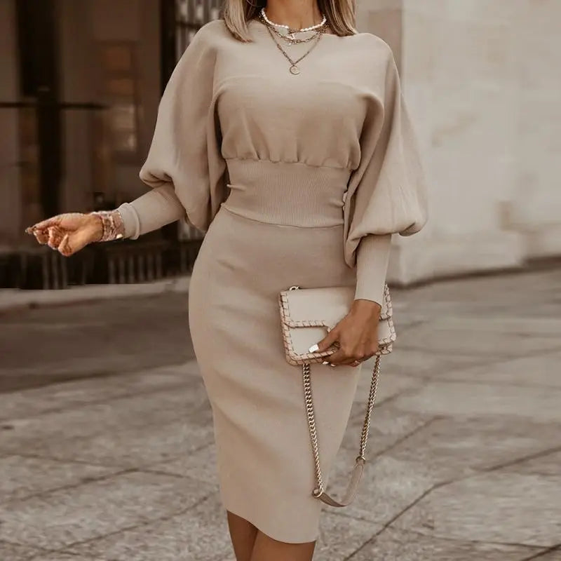 Women's Knit Dress - Form-Fitting Pencil Silhouette - Batwing Sleeve Elegant Style