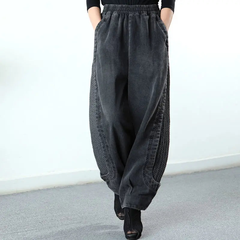 Women’s Baggy Pants – High Waist – Elastic Waistband – Textured Panels – Tapered Leg