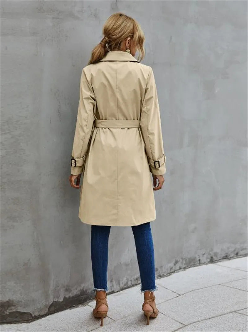 Women's casual double-breasted belted lapel neck trench coat