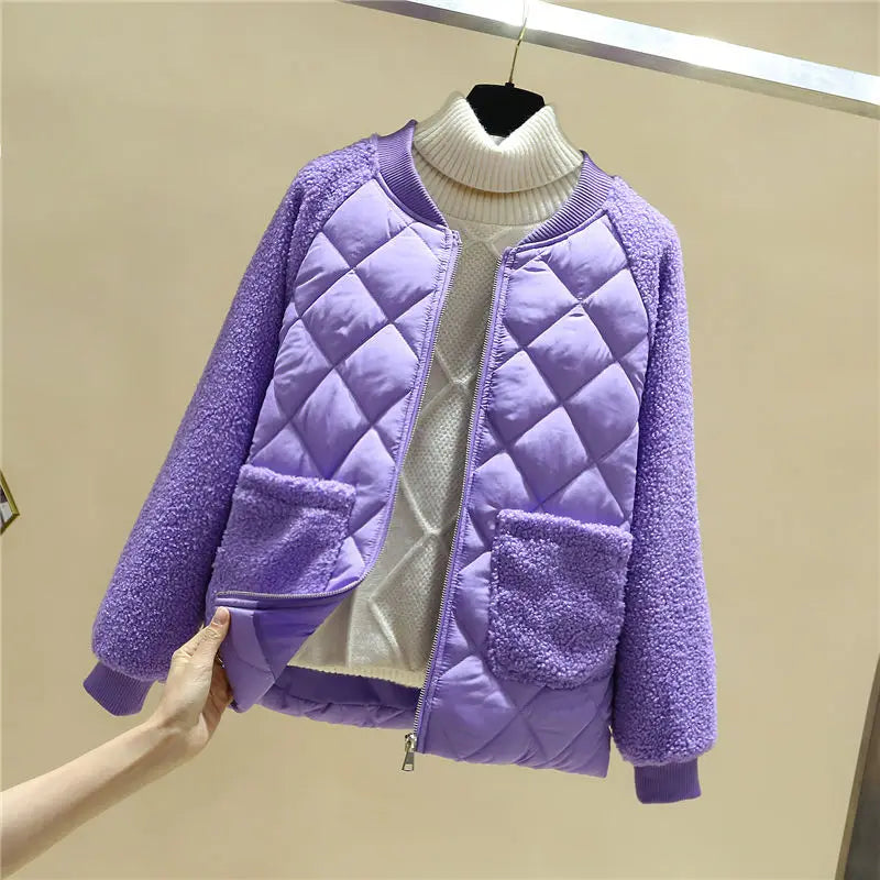 Women's Quilted Jacket - Soft Textured Sleeves - Ribbed Collar - Zip Front with Pockets