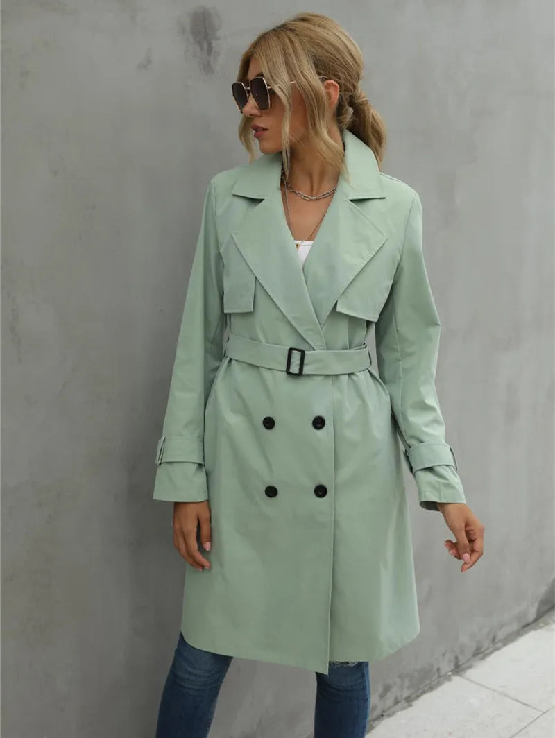 Women's casual double-breasted belted lapel neck trench coat