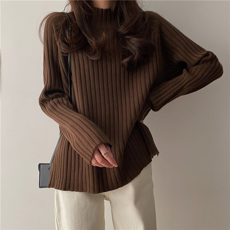 Women’s Knit Sweater - Ribbed Texture - Mock Turtleneck - Long Sleeve Relaxed Fit