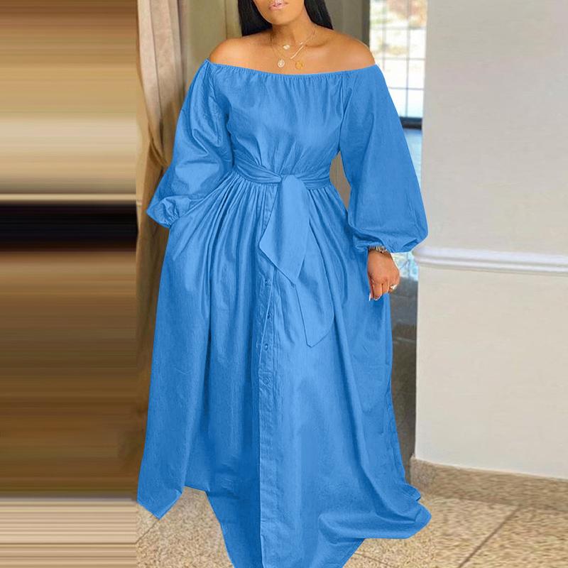 Women's Maxi Dress - Off-the-Shoulder - Long Sleeve - Button-Down with Waist Tie