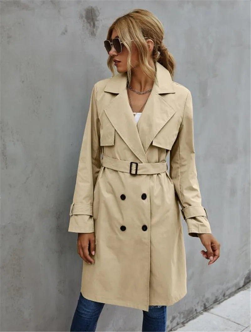 Women's casual double-breasted belted lapel neck trench coat