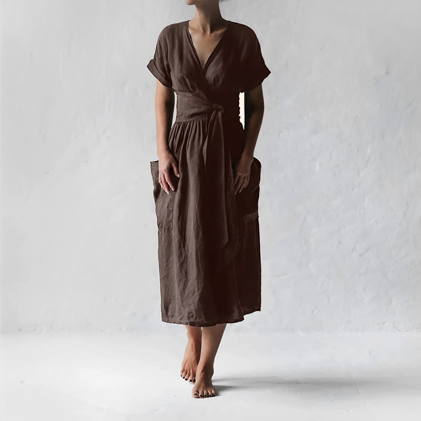 Women’s Wrap Dress - V-Neck Midi Length - Short Cuffed Sleeves - Linen Blend with Pockets