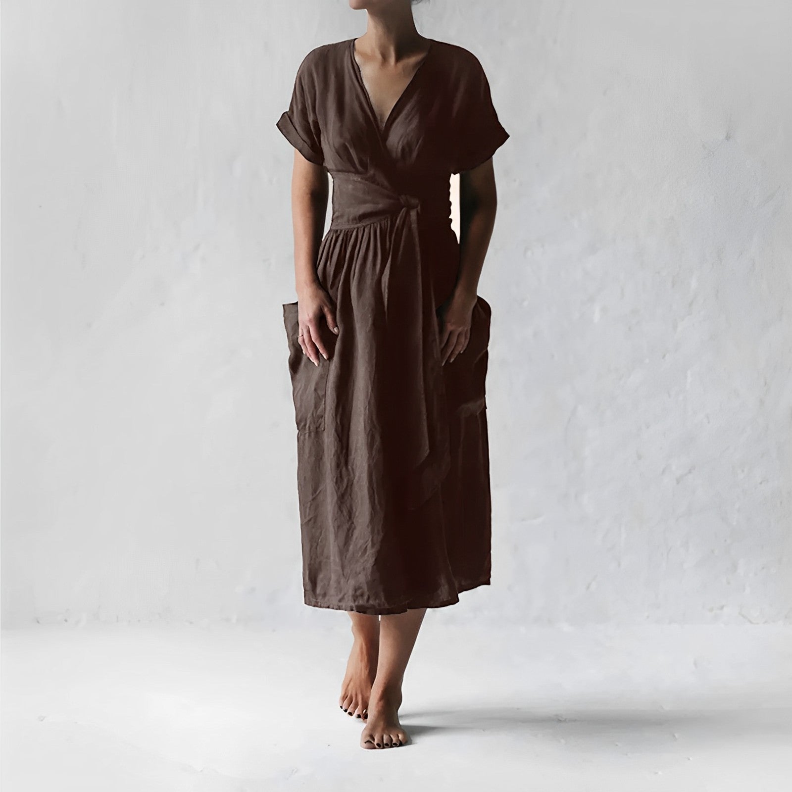 Linen Blend Pocketed V-Neck Wrap Dress