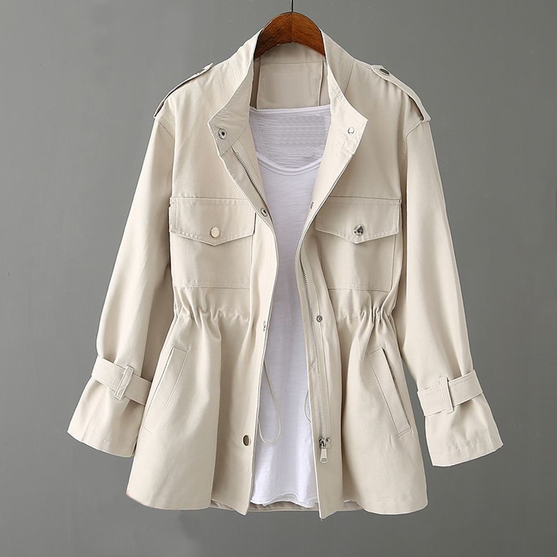 Solid color drawstring waist jacket for women with high collar
