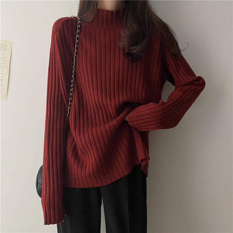Women’s Knit Sweater - Ribbed Texture - Mock Turtleneck - Long Sleeve Relaxed Fit