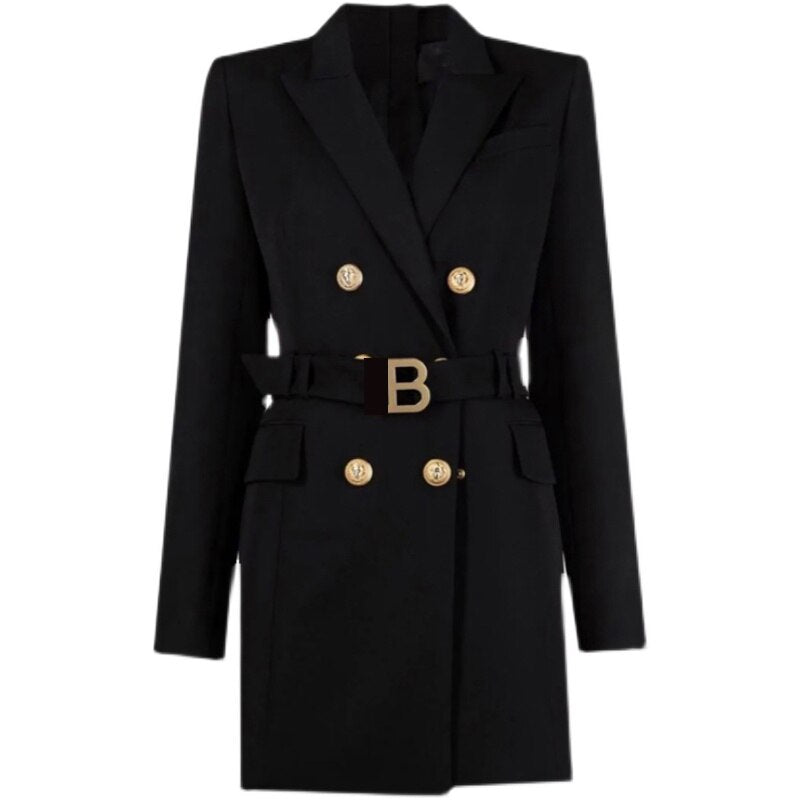 Women's Blazer Dress - Double Breasted - Tailored Fit - Waist Belt - Long Sleeve