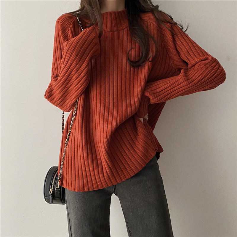 Women’s Knit Sweater - Ribbed Texture - Mock Turtleneck - Long Sleeve Relaxed Fit