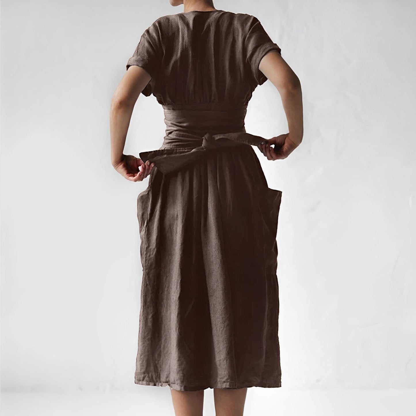 Women’s Wrap Dress - V-Neck Midi Length - Short Cuffed Sleeves - Linen Blend with Pockets