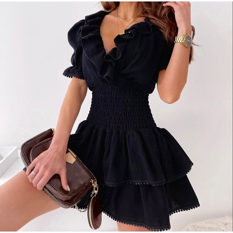 Women's Ruffle Dress - V-Neckline - Cinched Waist - Tiered Skirt - Short Sleeve Elegant Wear