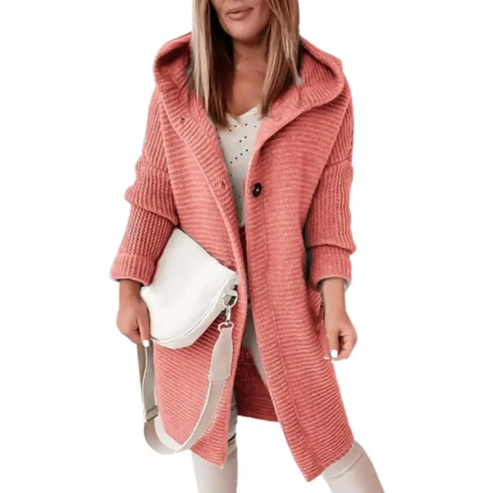 Women's casual hooded knee length cardigan with buttons