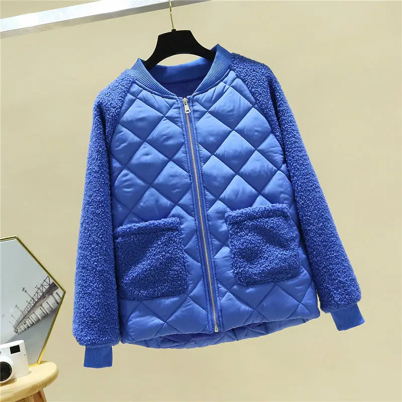 Women's Quilted Jacket - Soft Textured Sleeves - Ribbed Collar - Zip Front with Pockets