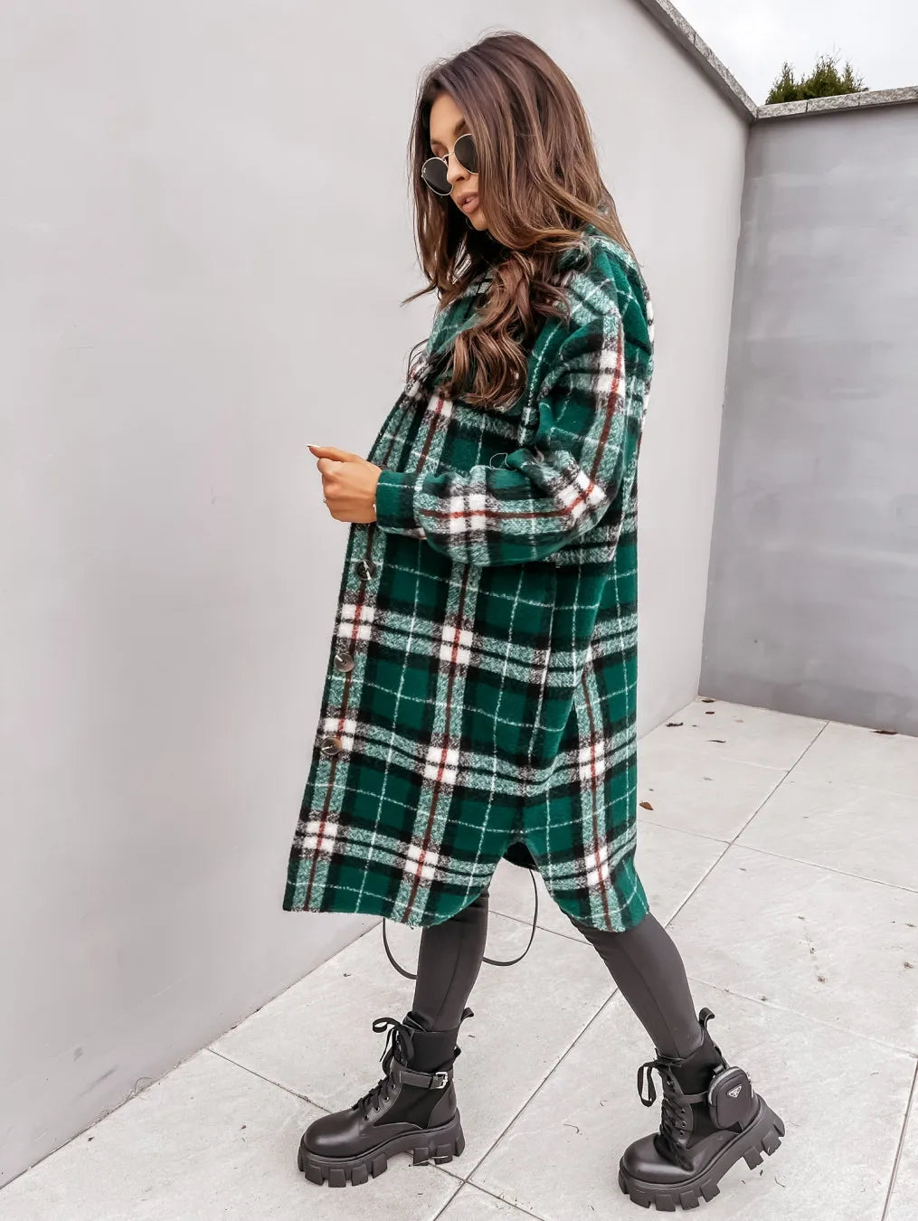 Women's plaid printed button down mid-length jacket