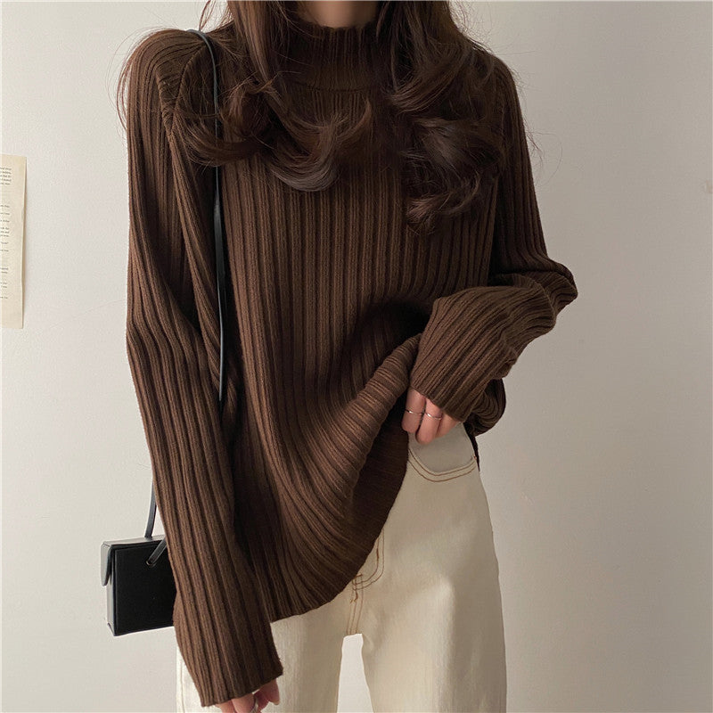 Women’s Knit Sweater - Ribbed Texture - Mock Turtleneck - Long Sleeve Relaxed Fit