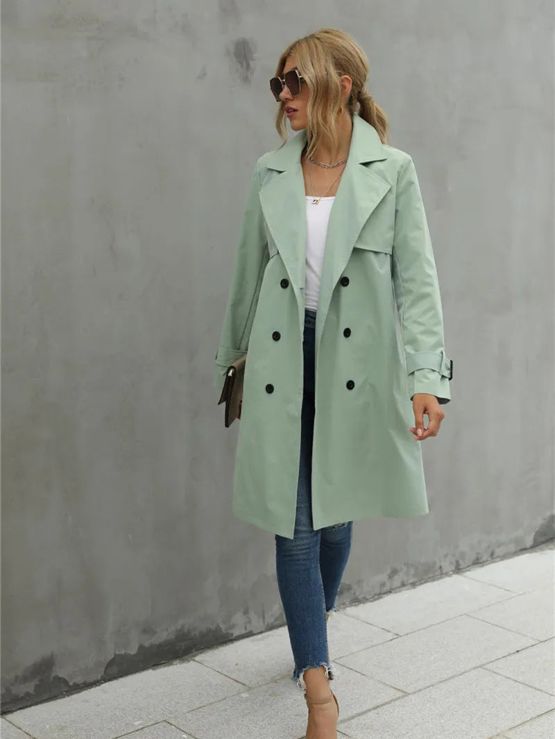 Women's casual double-breasted belted lapel neck trench coat