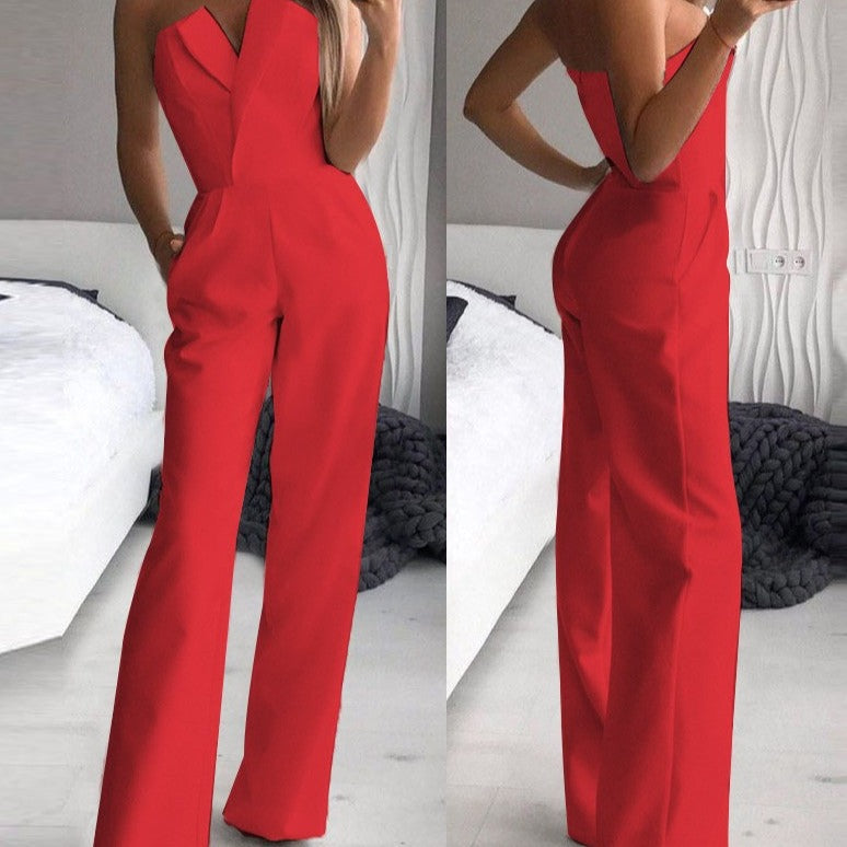 Women’s Jumpsuit – Strapless Off-Shoulder – Wide-Leg Formal Fit – Luxury Fabric – Pockets
