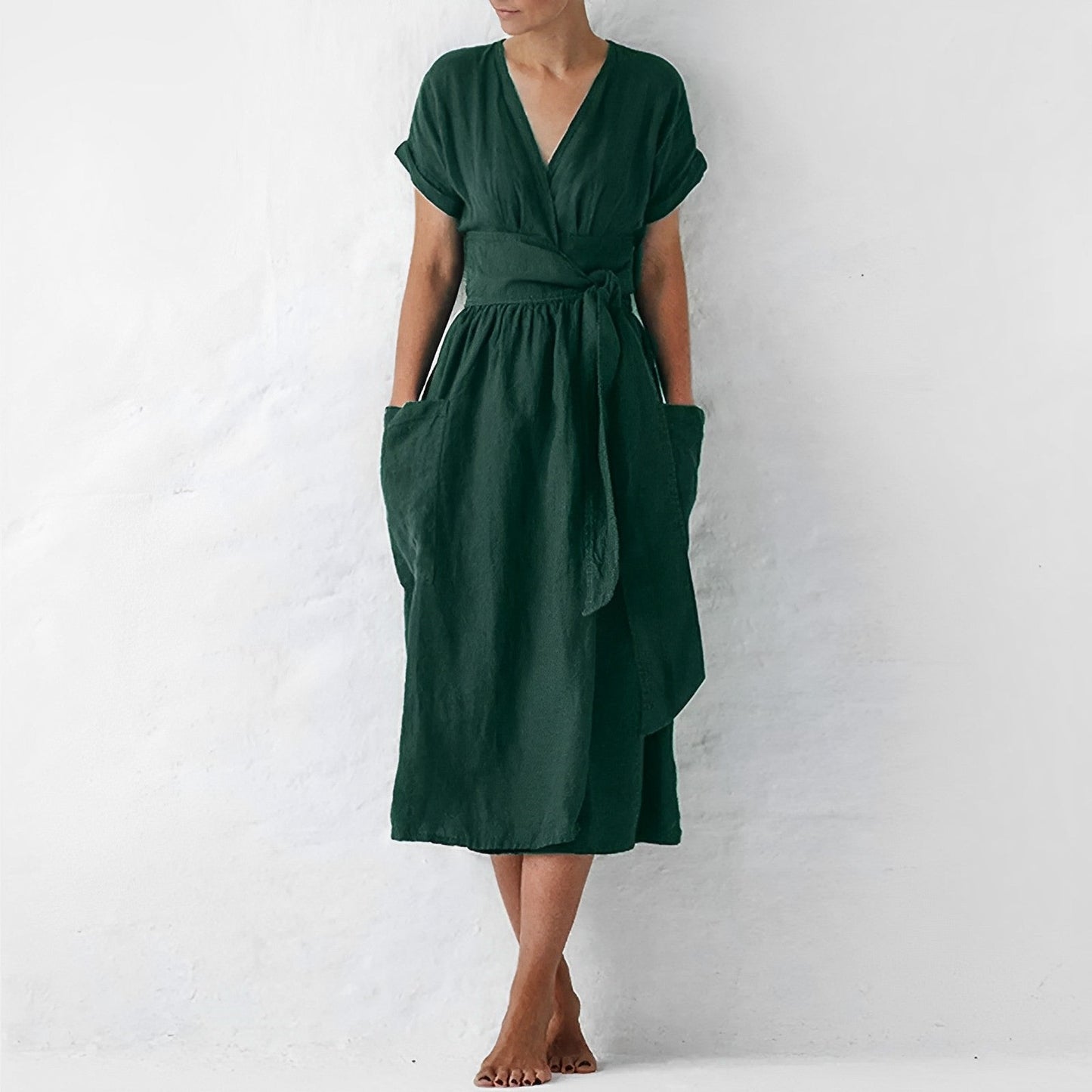 Women’s Wrap Dress - V-Neck Midi Length - Short Cuffed Sleeves - Linen Blend with Pockets