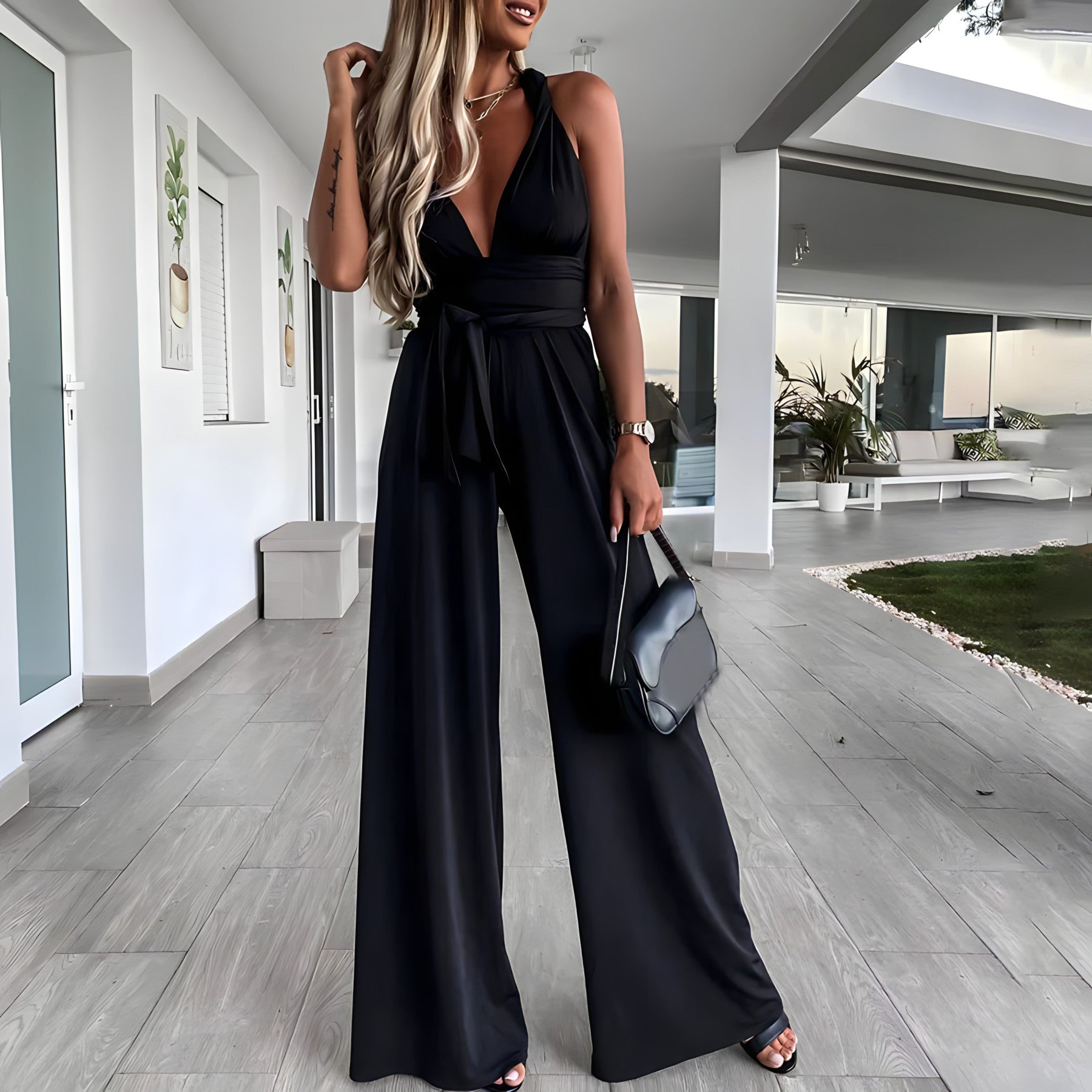 Tie Waist Flowy Wide-Leg Jumpsuit