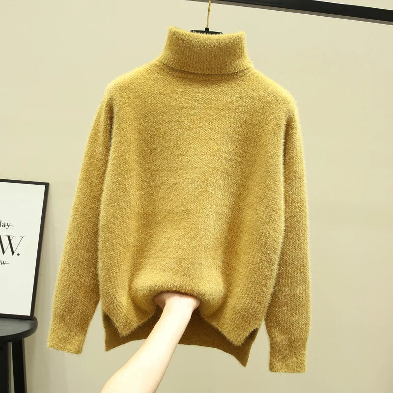 Women's high collar loose thickened imitation mink fleece sweater