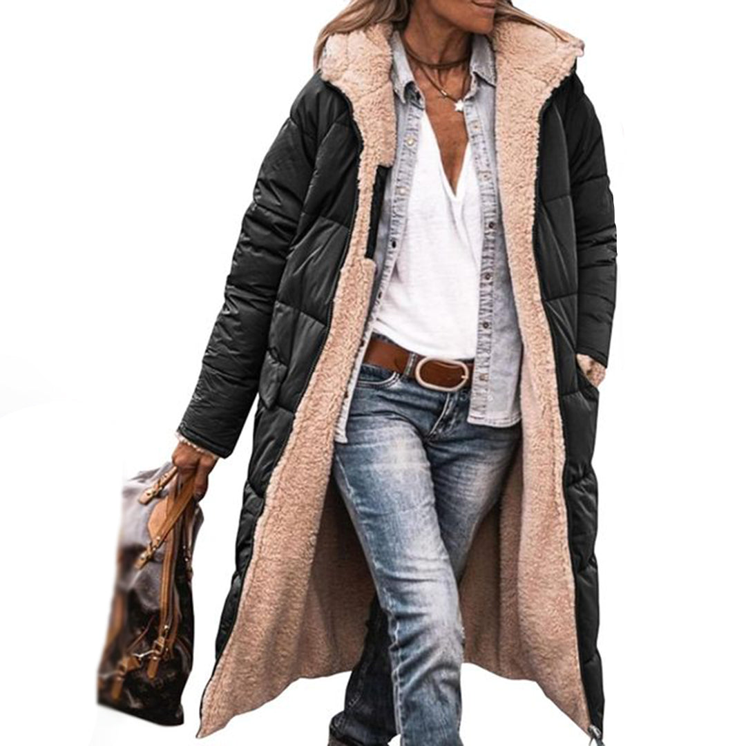 Women's long sherpa-lined puffer coat with hood