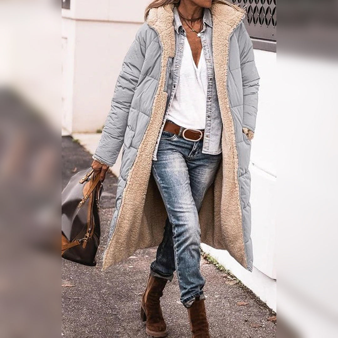 Women's long sherpa-lined puffer coat with hood