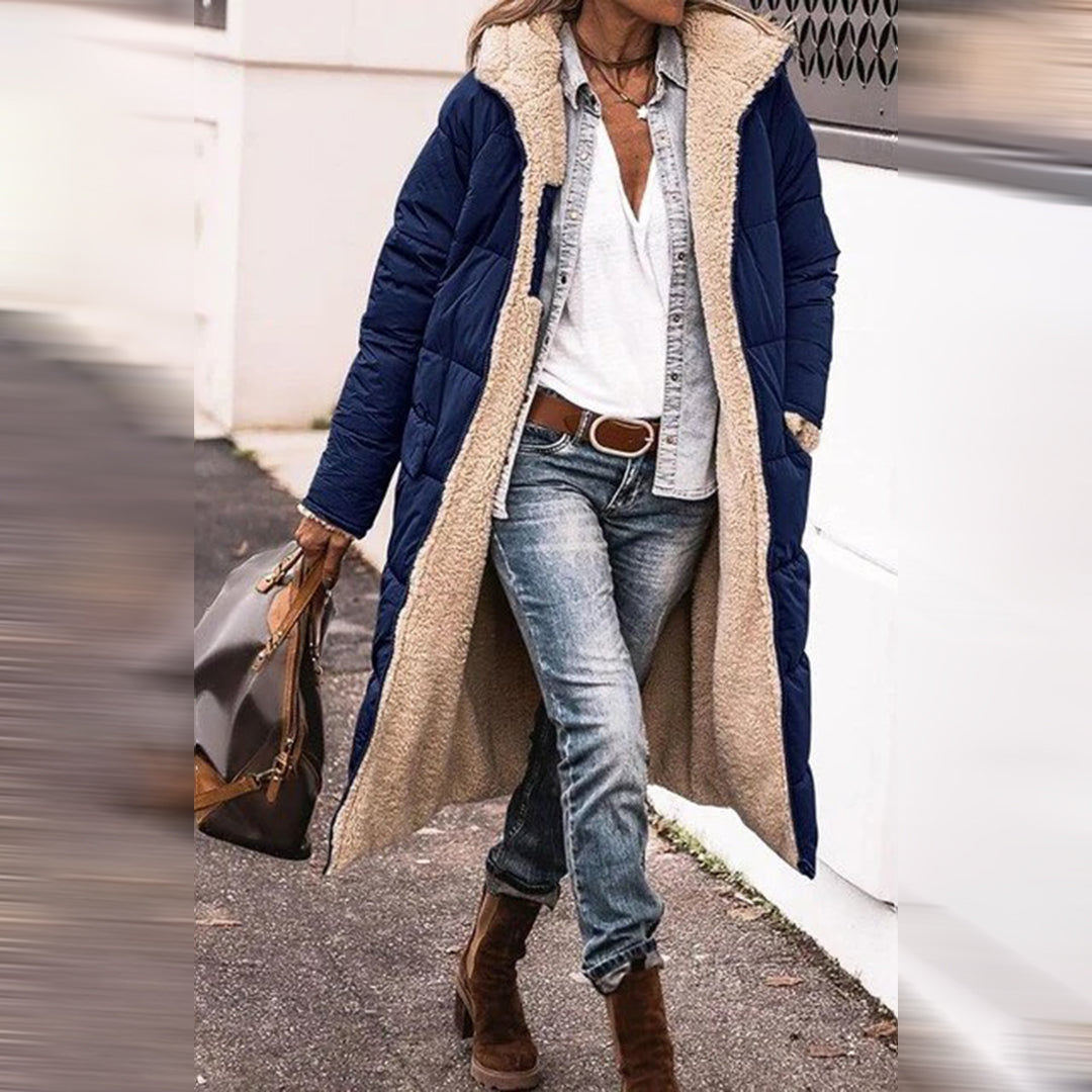 Women's long sherpa-lined puffer coat with hood
