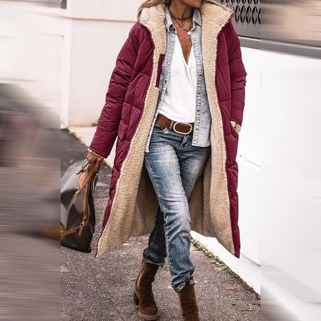Women's long sherpa-lined puffer coat with hood