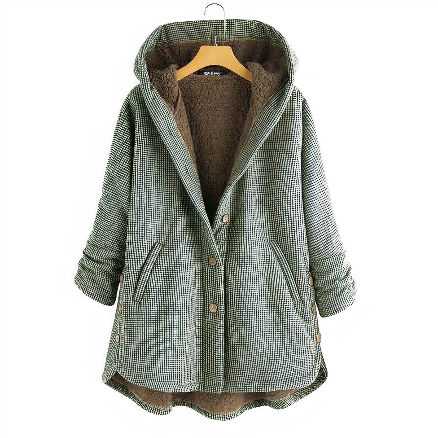 Women’s Hooded Coat - Sherpa Lined - Plaid Pattern - Button-Up - Relaxed Fit Casual Outerwear